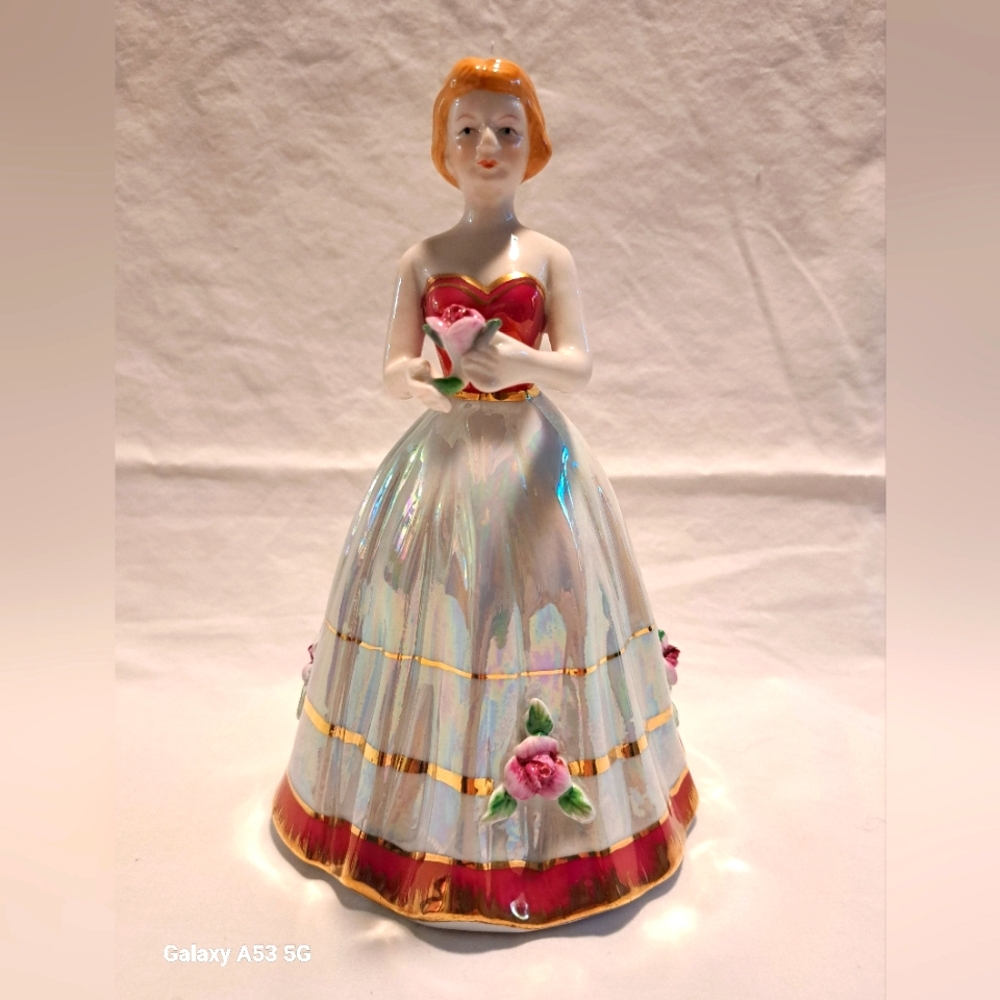 Vintage Style 8" Porcelain Girl in Gold Trim Dress with Flower Figurine